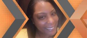 Portrait of Christina Smith framed by an orange and gray geometric background.