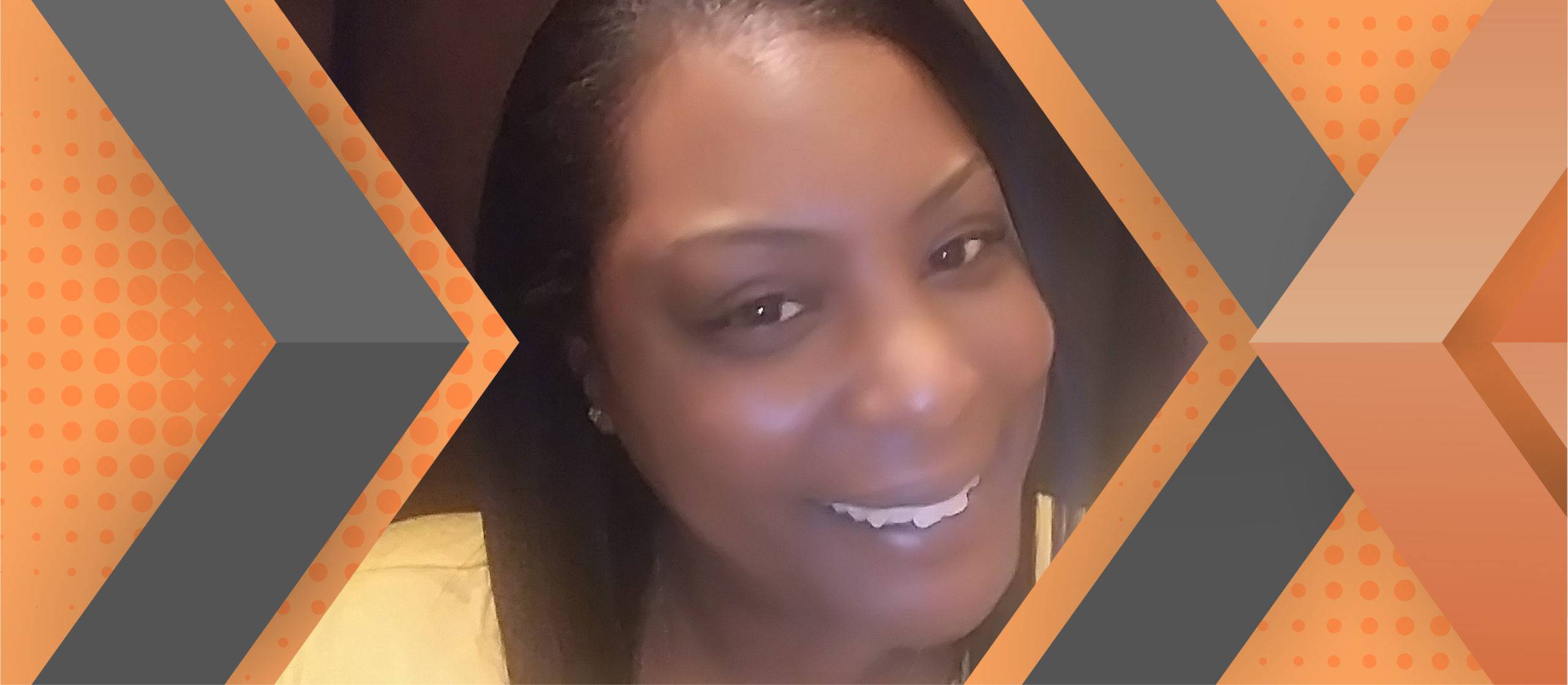 Portrait of Christina Smith framed by an orange and gray geometric background.