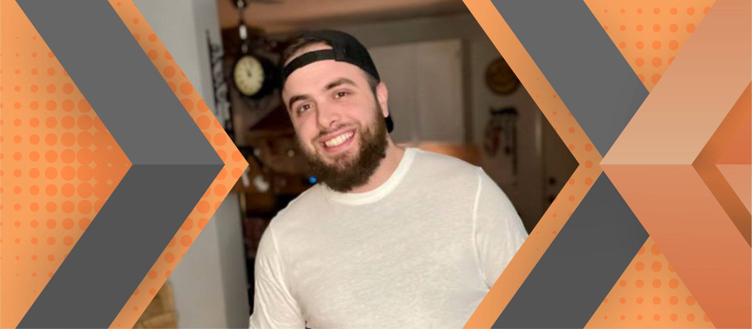Portrait of Tyler DaPonte framed by an orange and gray geometric background.