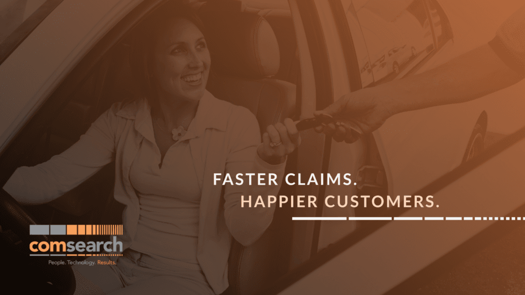 Smiling woman receiving car keys with Comsearch tagline ‘Faster claims. Happier customers.’