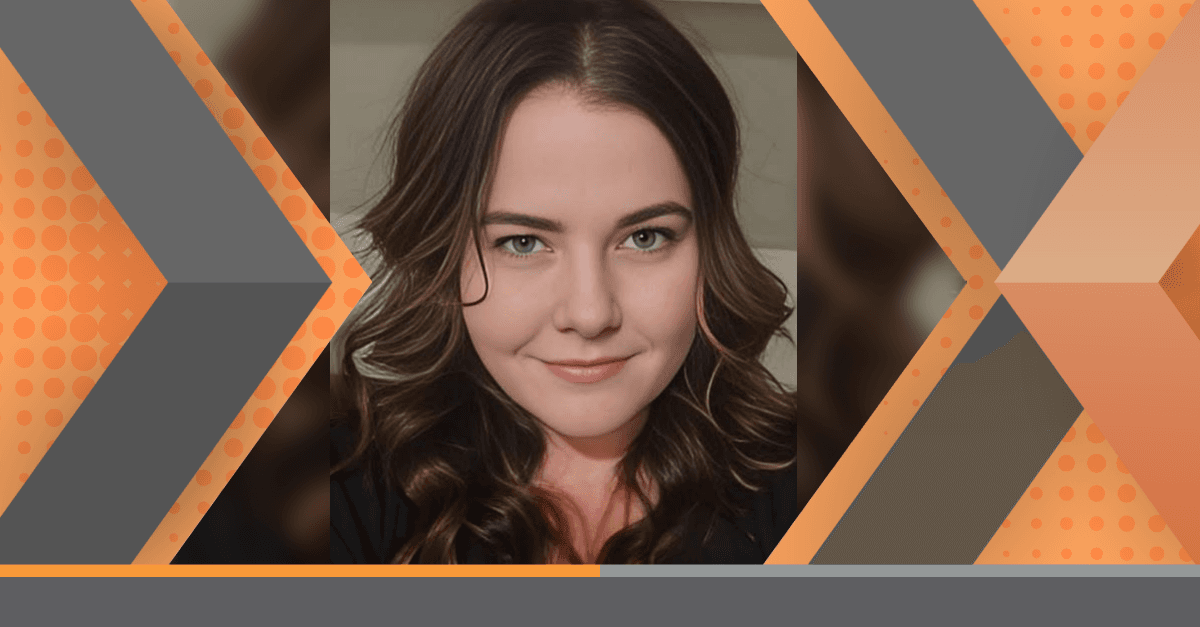 Portrait of Yolanda Tiernev framed by an orange and gray geometric background.